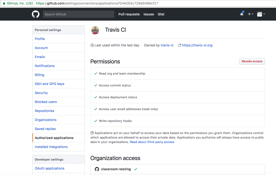 GitHub: Authorizing Travis
