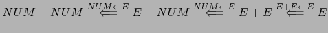 $ NUM + NUM \stackrel{NUM \leftarrow E}{\Longleftarrow} E + NUM \stackrel{NUM \leftarrow E}{\Longleftarrow} E + E \stackrel{E +E \leftarrow E}{\Longleftarrow} E
$